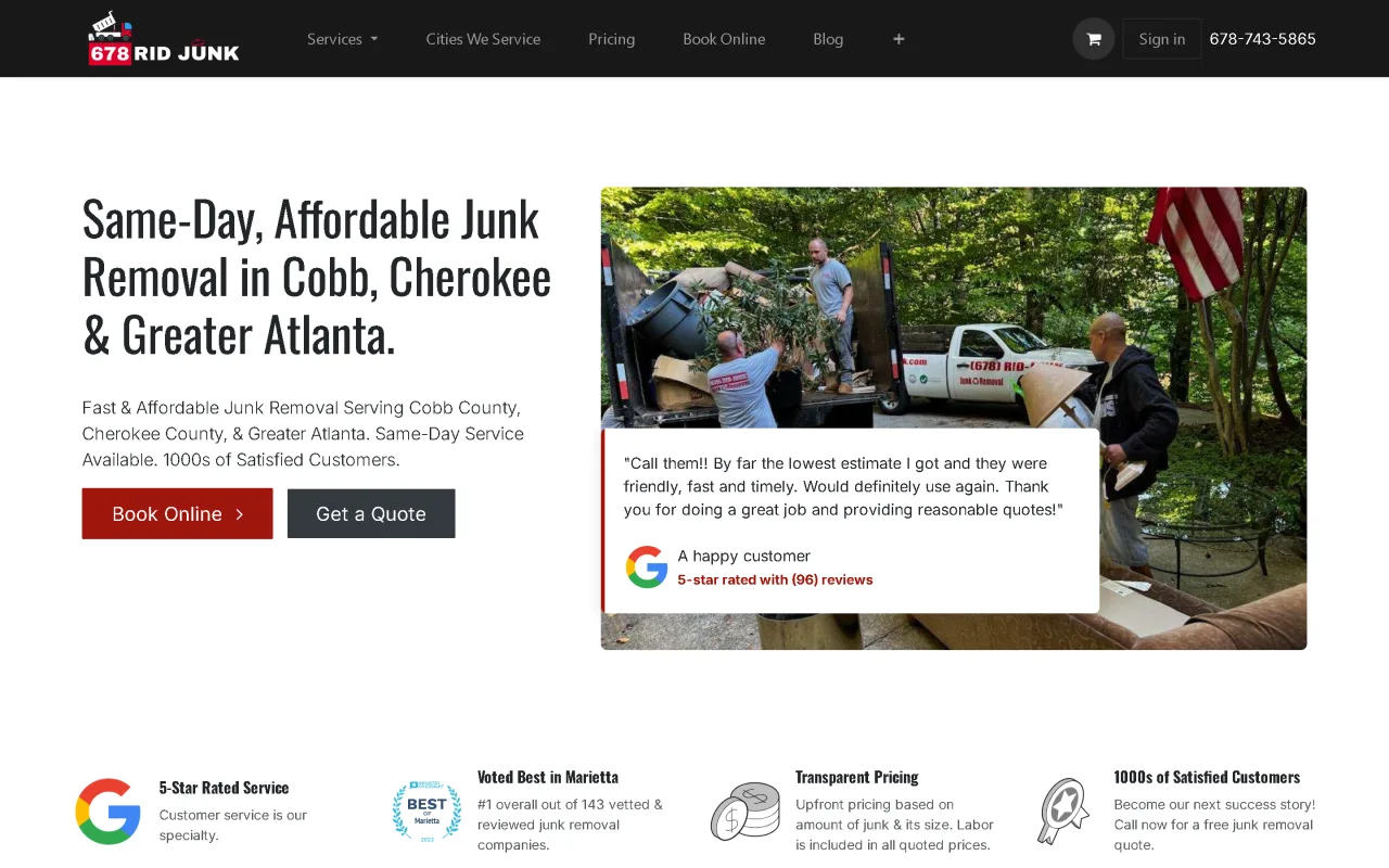 678 Rid Junk — Service Booking — homepage screenshot
